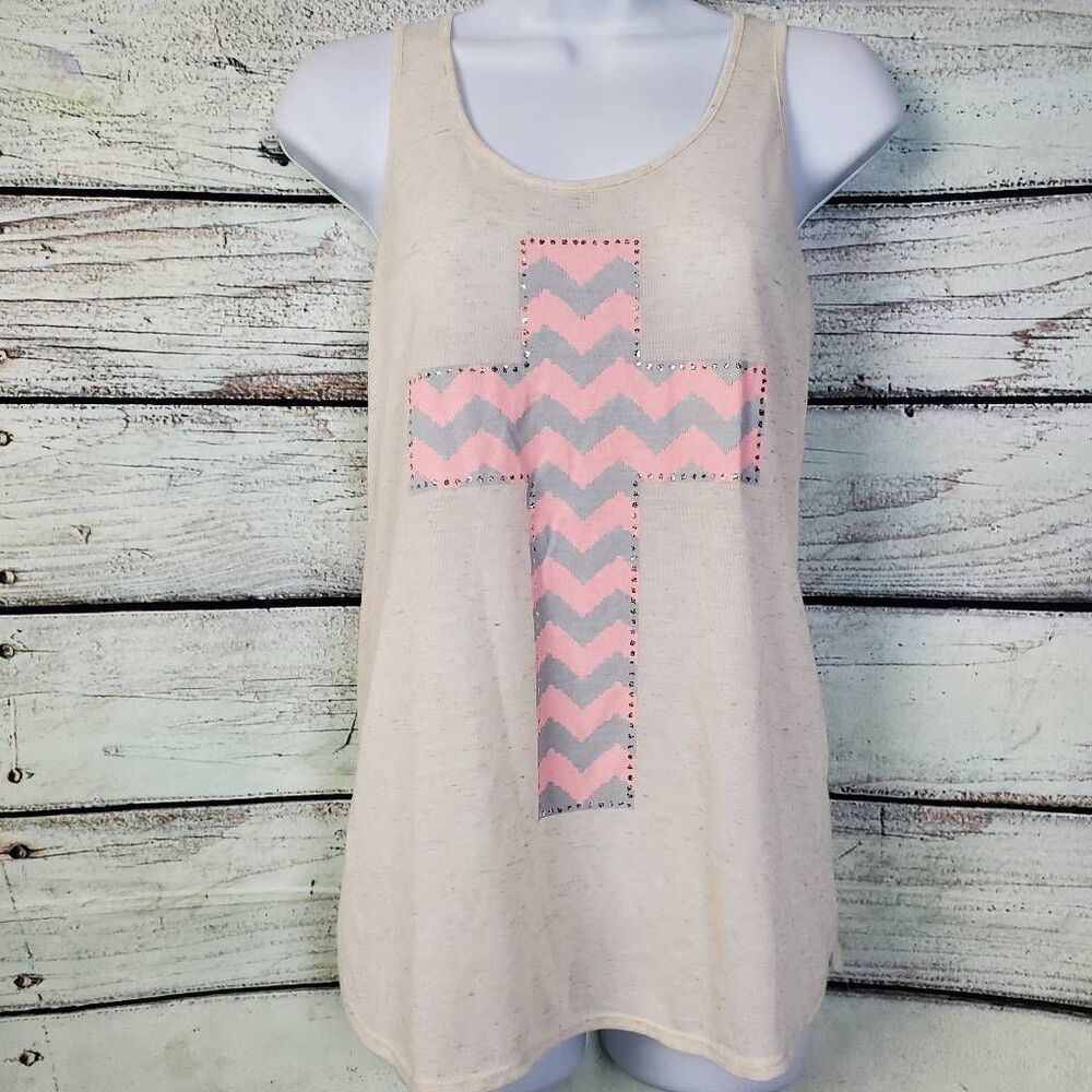 Vanity Women’s Racerback Tank Top Medium Ivory Lace Back Cross Graphic
